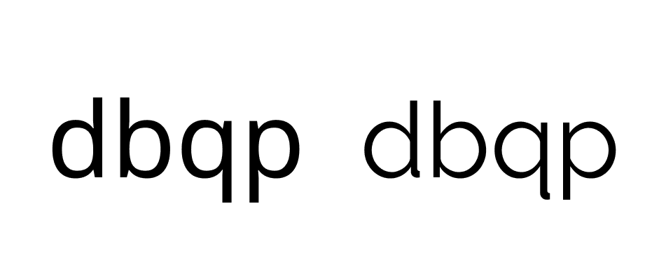 Lowercase letter D B Q P written in Noto Sans on the left compared to lowercase letter D B Q P written in Raleway on the right