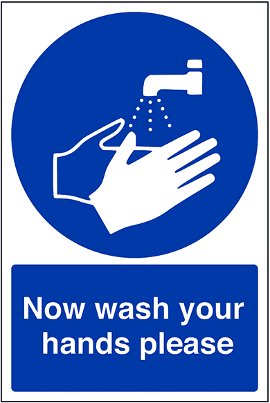 A sign containing an illustration of hands under a tap with running water. Below the circular illustration is a blue square containing the words ‘Now wash your hands please’