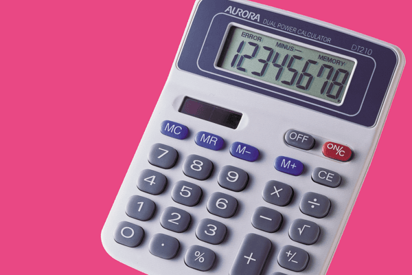 Aurora DT210 calculator on a pink background