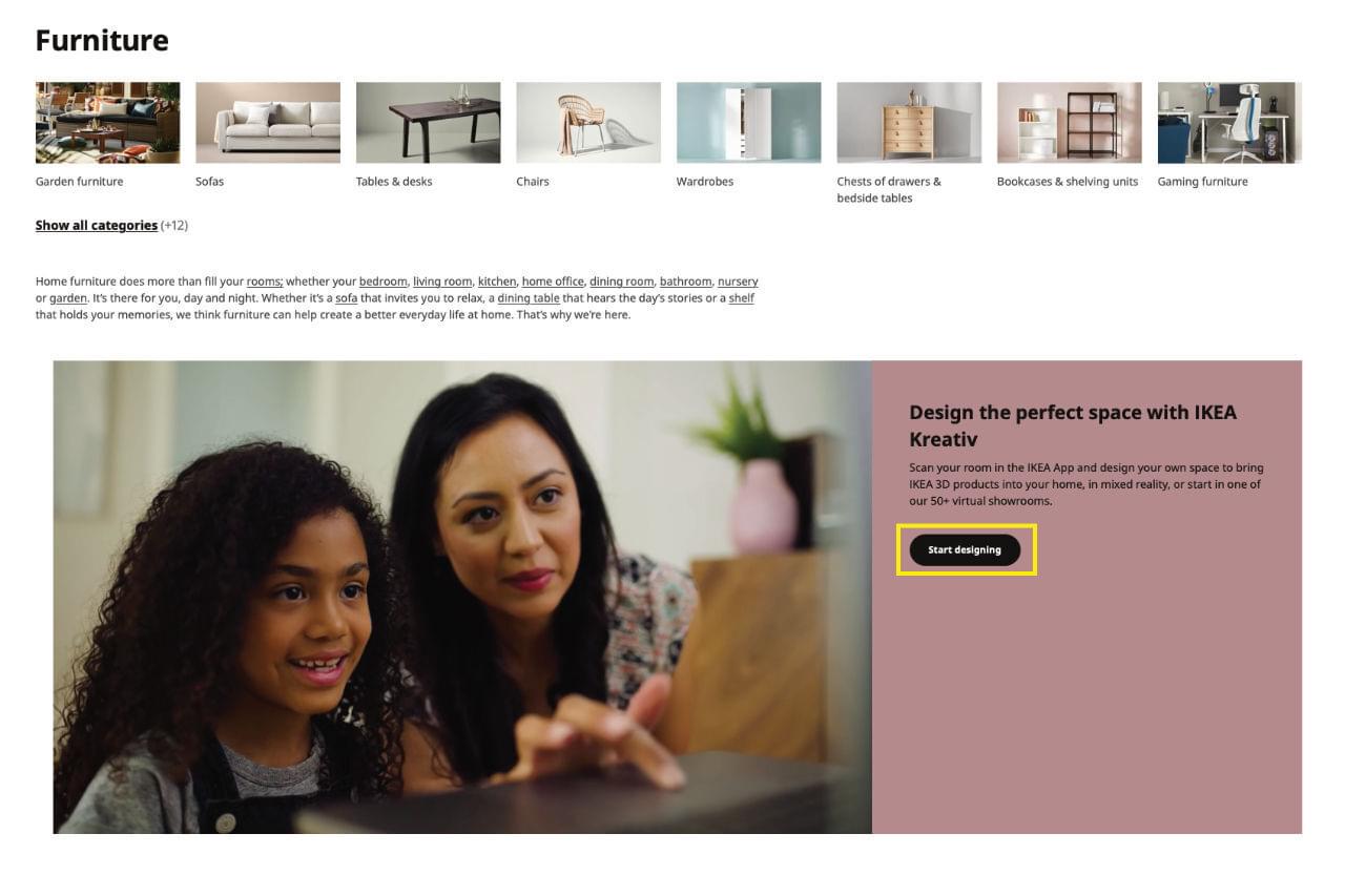 A screenshot from the IKEA website. There is a panel where a mum and daughter are using a laptop. To the right of that is a text box with text related to the product