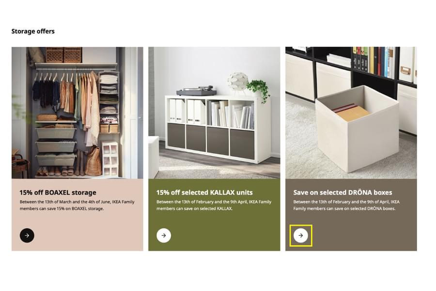 A grid of IKEA call to actions or jumps, showing different products and each jump having a different colour. Under the images are text describing the section or offers.