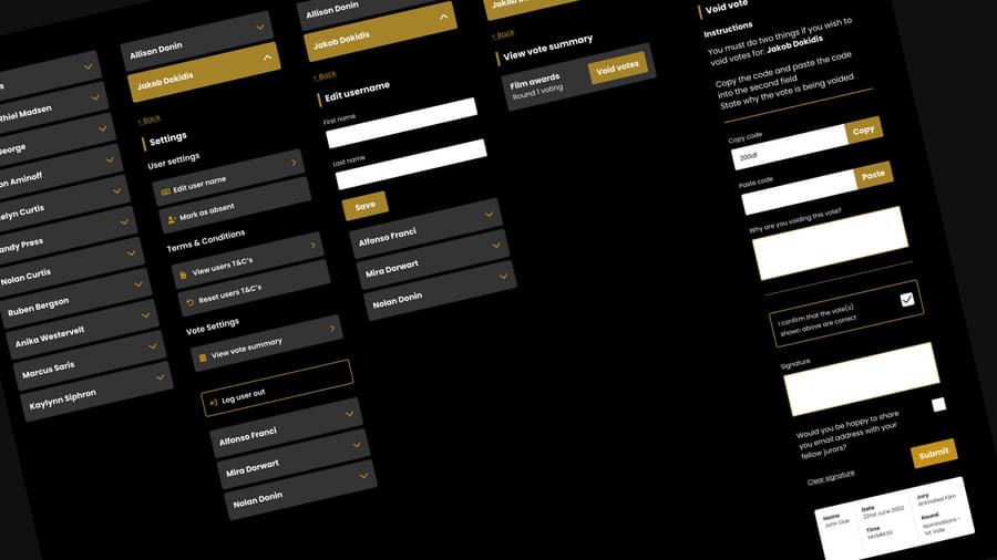 The admin control panel listings. It is a charcoal black for the listings sitting on a black background