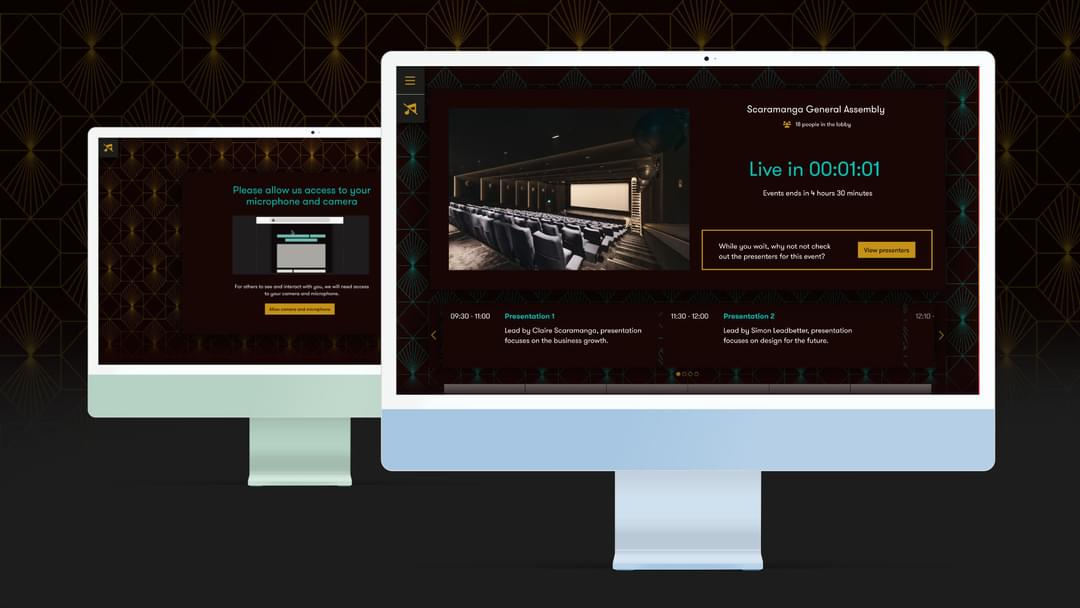 2 screens for created for the virtual Piccadilly experience. One is of a waiting to enter screen, the other is an example of the site requesting access to microphone and video