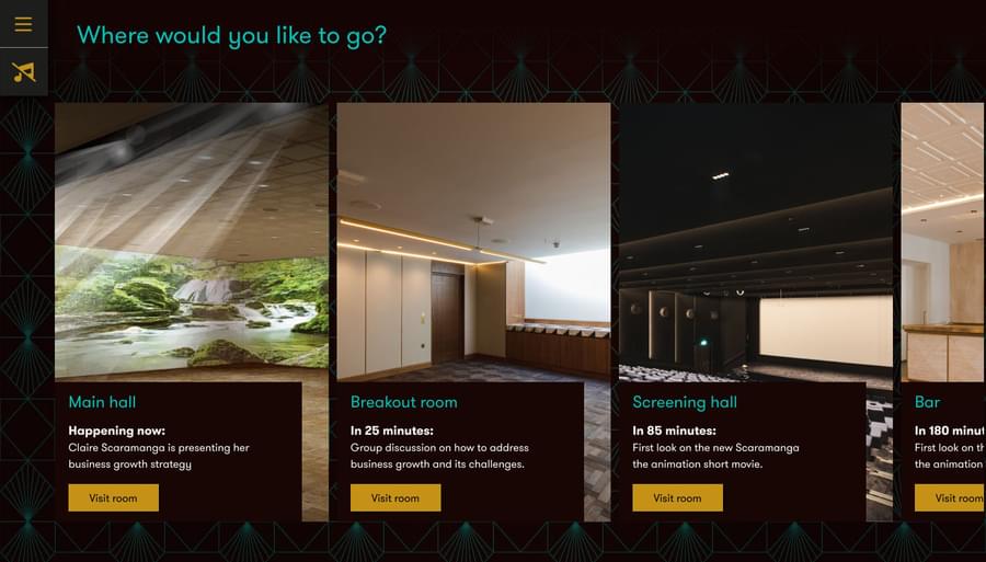 A horizontal scroller with a list of the various rooms available to enter. The background is teal to signify that the user is inside the venue.