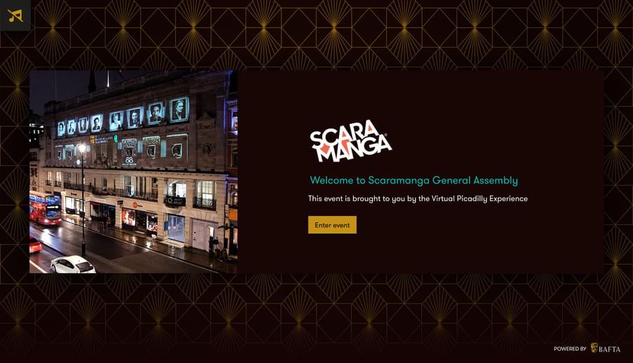 The start screen of the app, with a gold pattern background, overlaid is a box with an image of the venue on the left and on the right some text with a button to start.