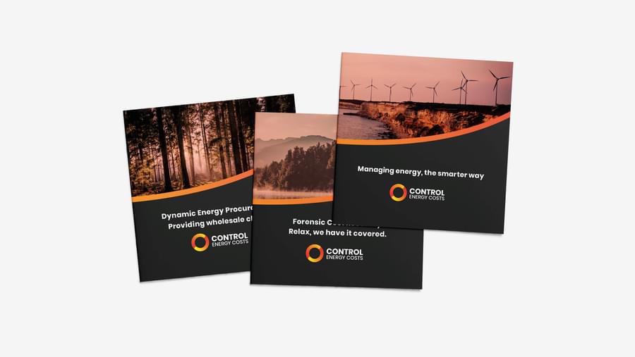 A mockup of three square brochures, each containing a scenic image with a gradient line dividing the image from the brochure title.