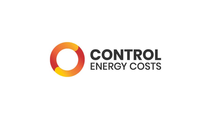 Control Energy Costs primary logo.  A continuous gradient loop in yellow to red, with simple grey uppercase typography reading Control Energy Costs to the right.