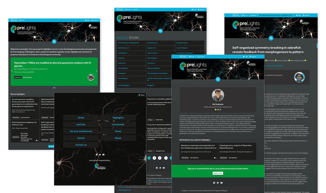 A selection of web pages from the Company of Biologist preLights website. The theme colour is predominantly dark grey and black punctuated by flashes of bright blue and grass green colours for panels etc.