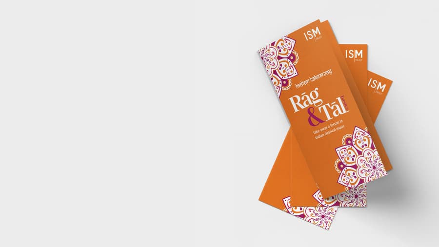Long and thin orange Incorporated Society of Musicians' Rag and Tal leaflet mockup.