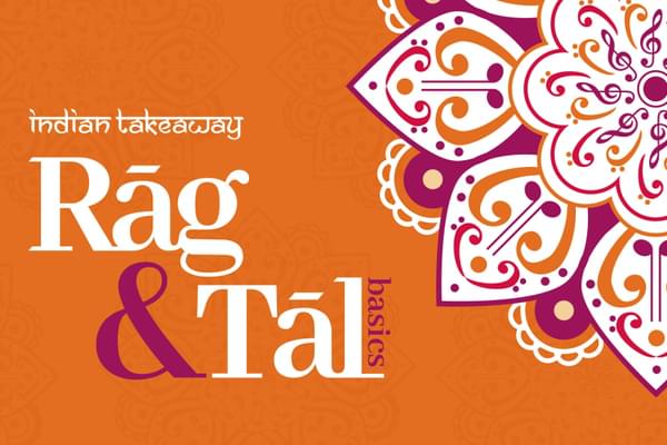 Indian Takeaway: Rāg & Tāl basic logo on top of an almost transparent mehndi pattern with a large visible mandala on the top right corner.