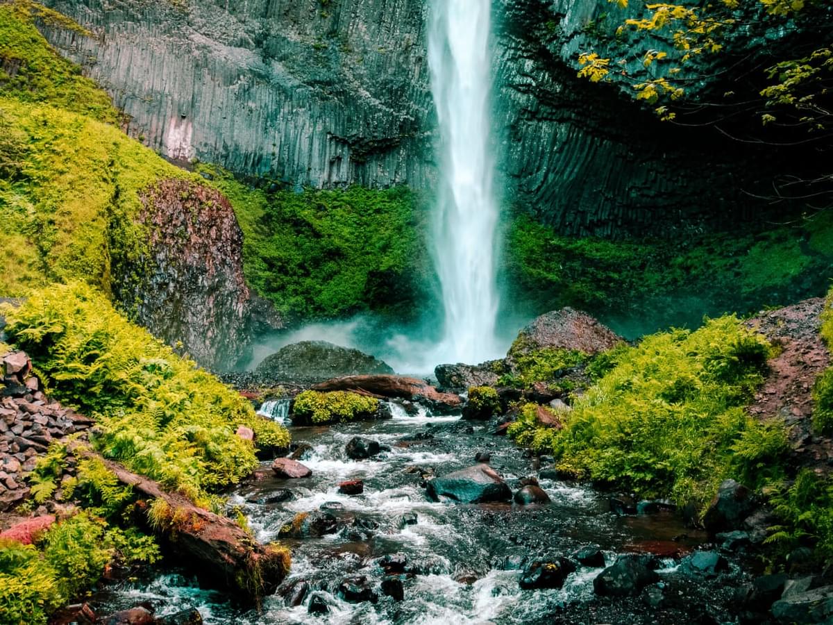 Image of waterfall falling into a river and surrounded by moss covered rocks.