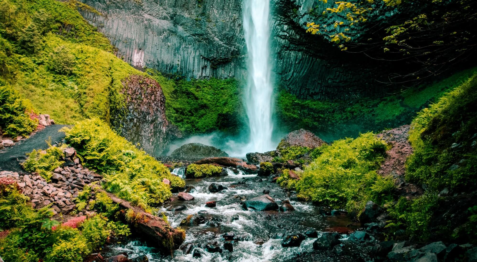 Image of waterfall falling into a river and surrounded by moss covered rocks.