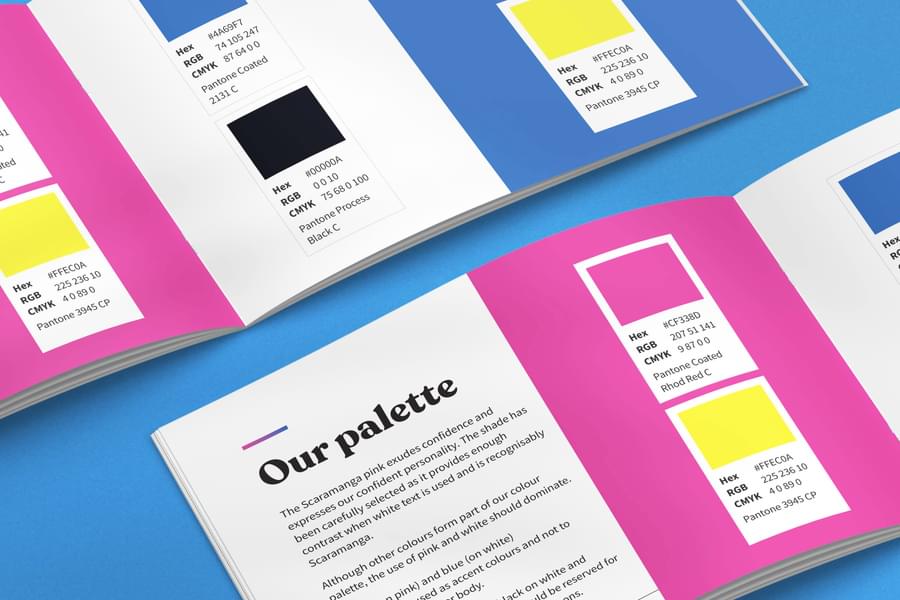 Colour palette from the brand guidelines for Scaramanga