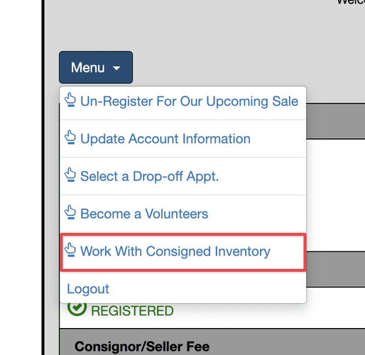 The MySaleManager consignor action menu, with the “Work with Consigned Inventory” option highlighted