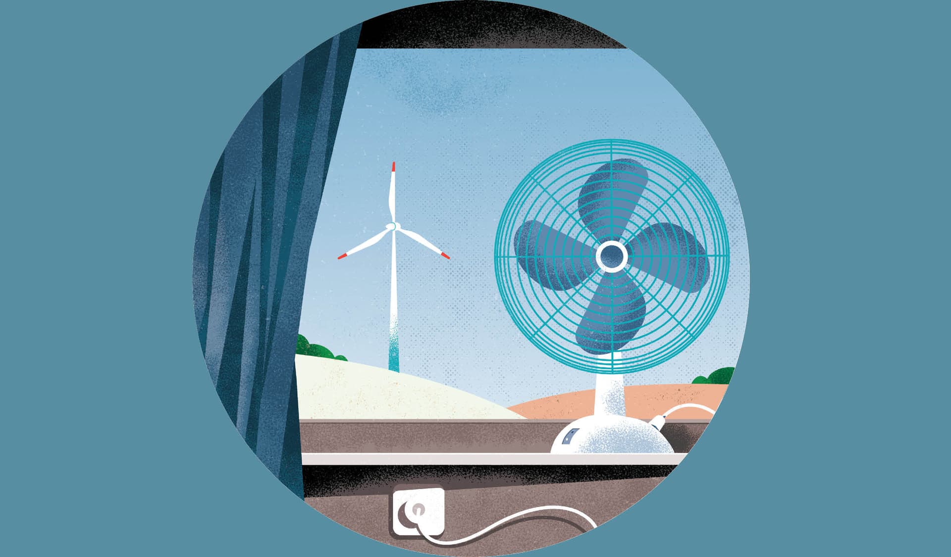 Illustration mit Blick aus dem Fenster an einem Ventilator vorbei auf ein Windrad.