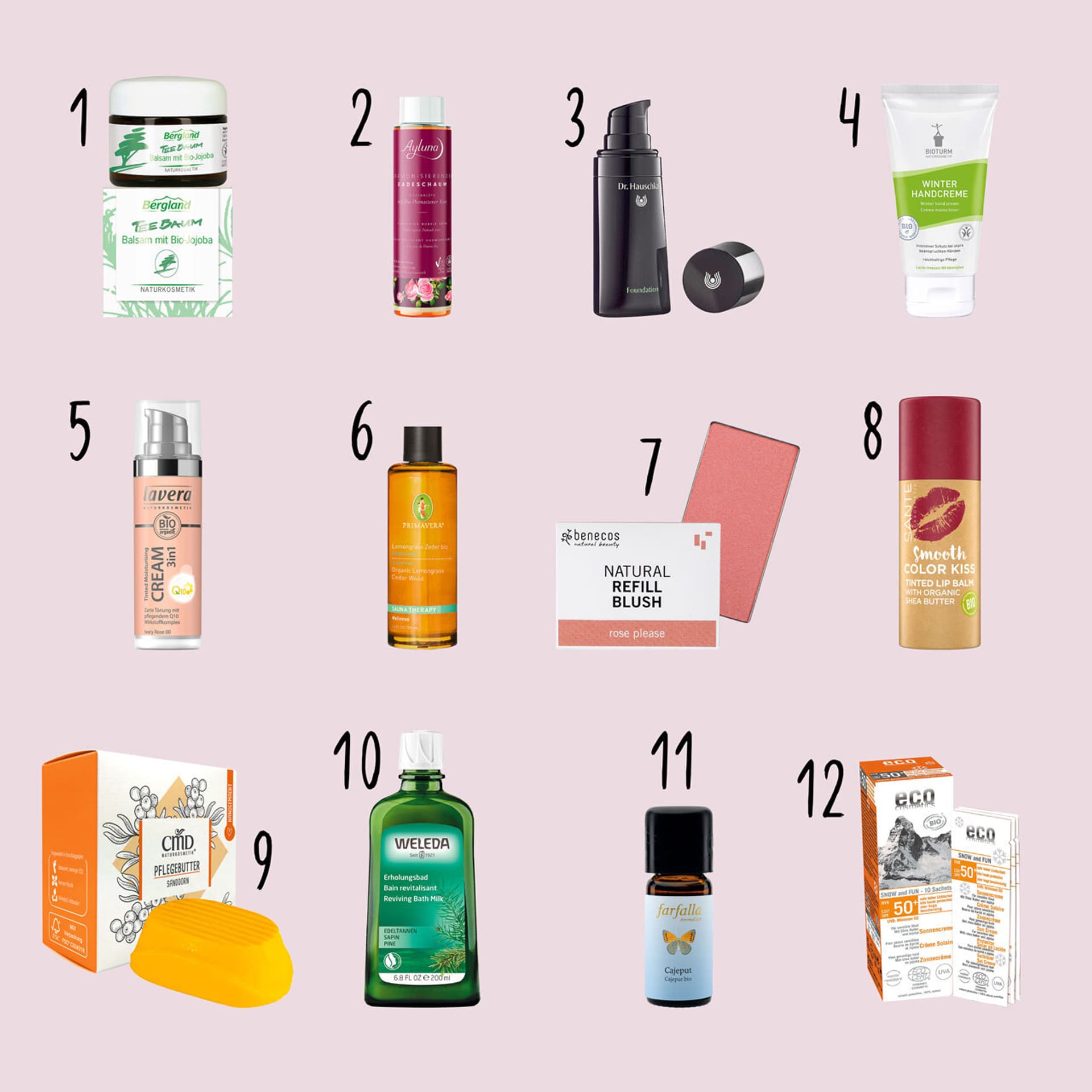 Zwölf Naturkosmetik-Produkte für die Winterpflege  von Gesichtscreme und Lippenpflege über Sauna- und Badeöl bis zu Rouge e.
