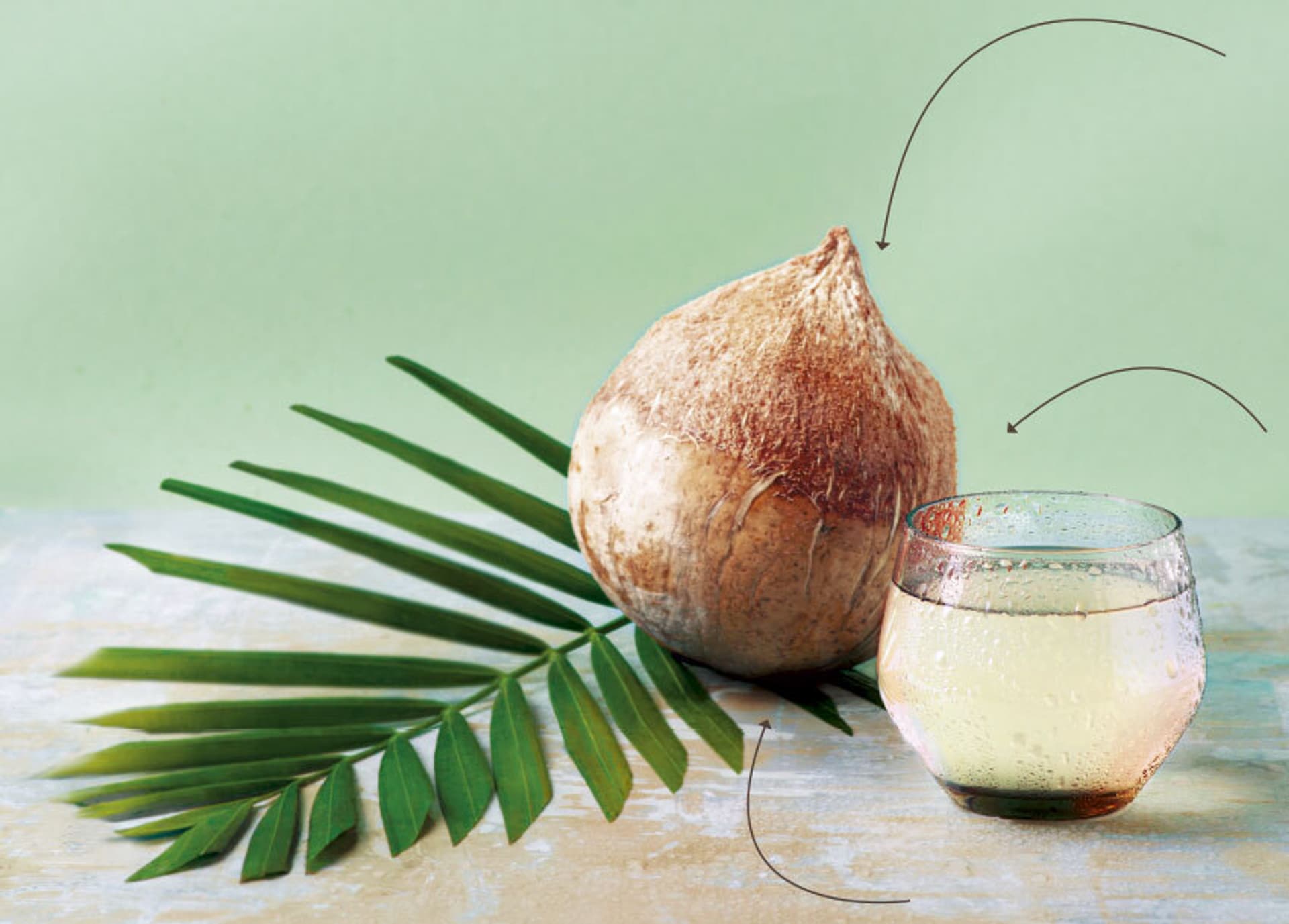 Eine kokosnuss und Kokoswasser im Glas