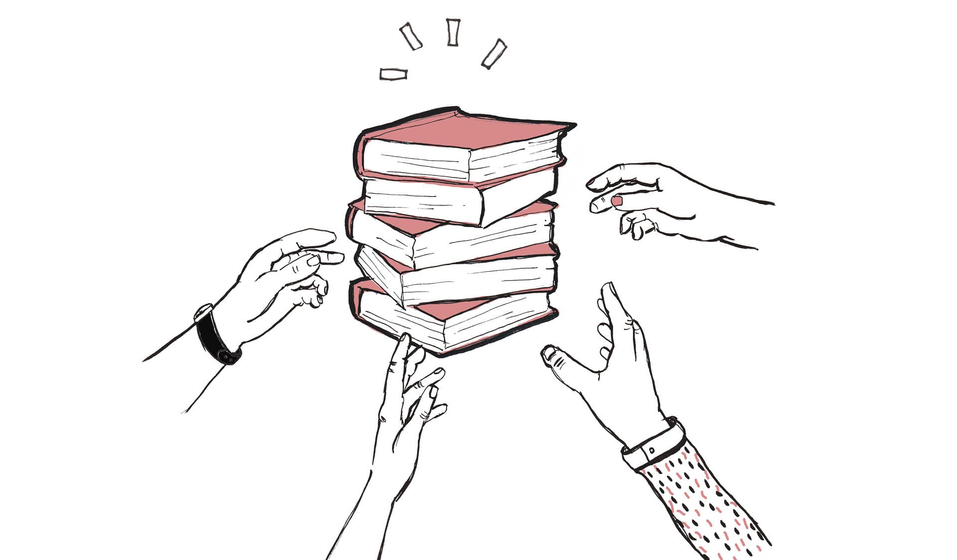 Vier Hände greifen nach einem Bücherstapel
