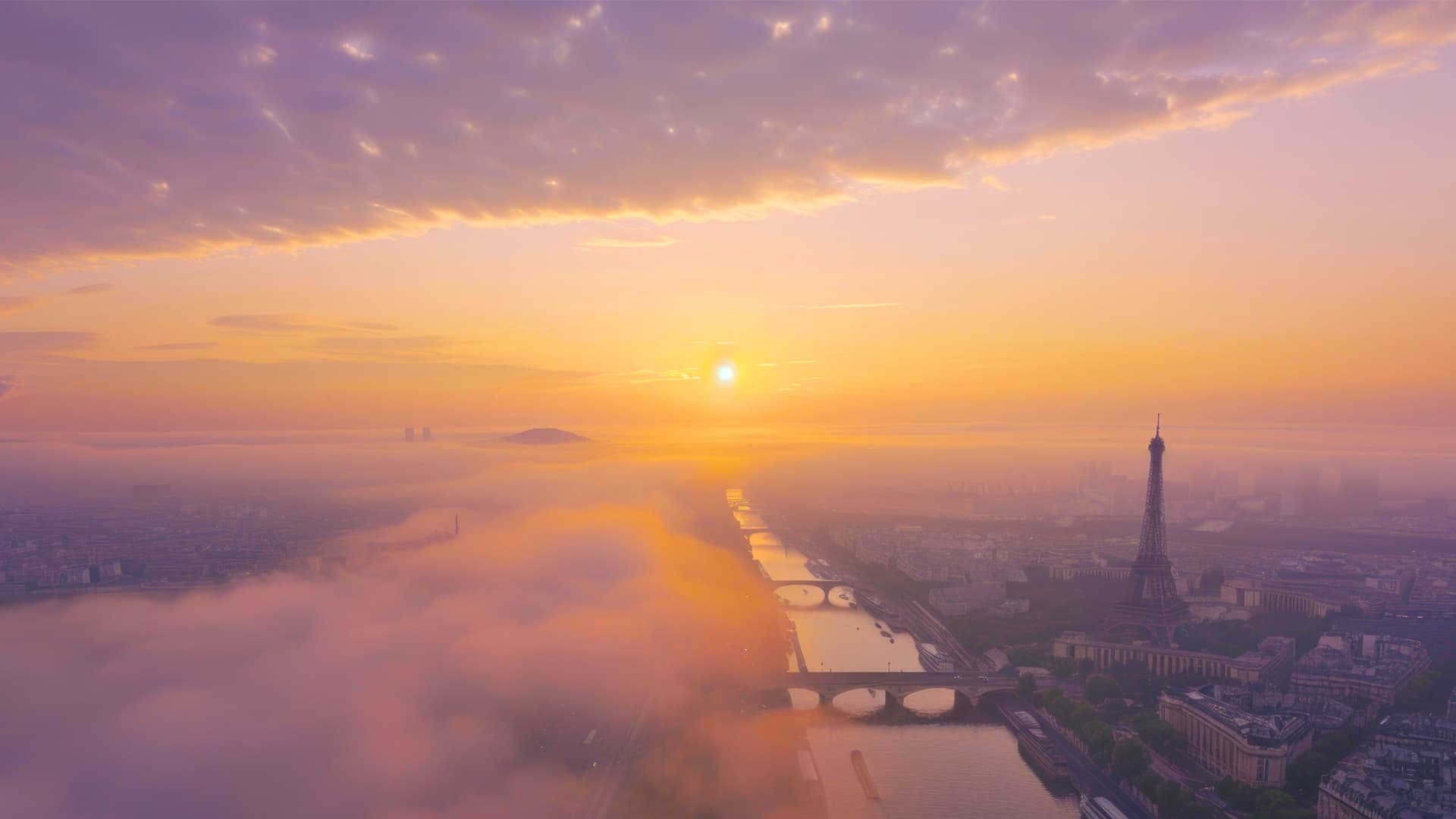 Early morning drone shot paris shrouded mist