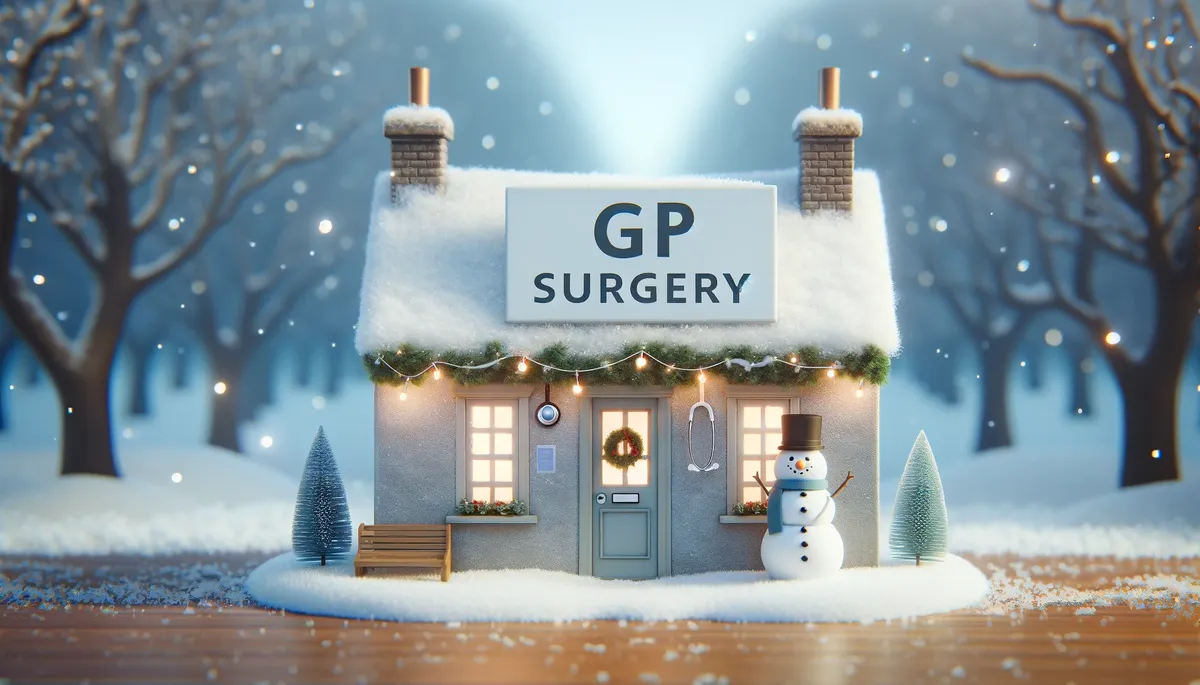 DALL E 2023 12 22 05 57 03 A simple festive Christmas scene for a GP surgerys website The focus is on a small charming clinic covered in snow with minimal writing A clear