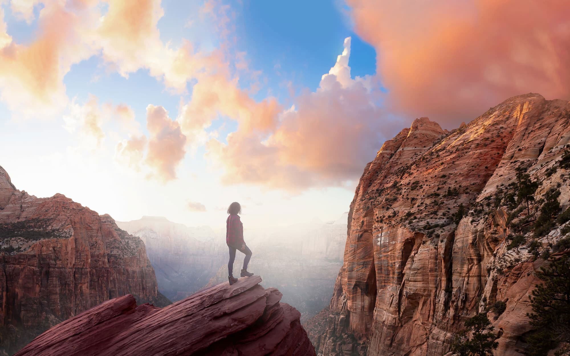 Woman Looking Up At Mountain v2