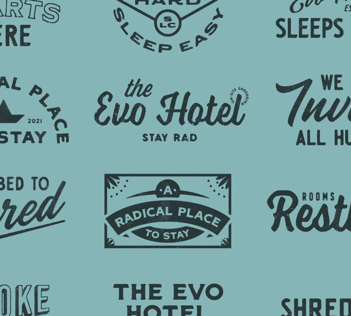 A collection of EVO Hotel badges on a blue background.