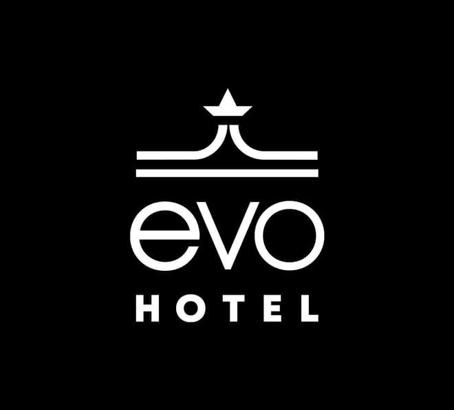 A white EVO Hotel logo on a black background.