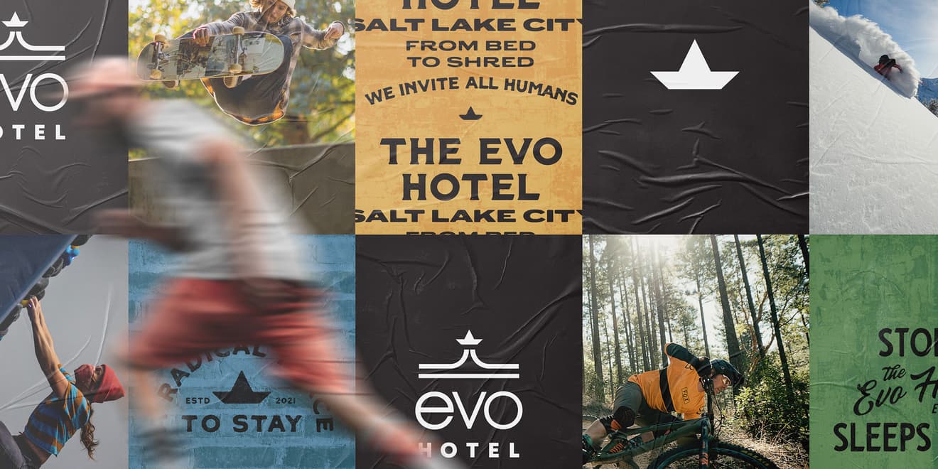 A skater skating past a wall of EVO Hotel wheat-pasted posters.