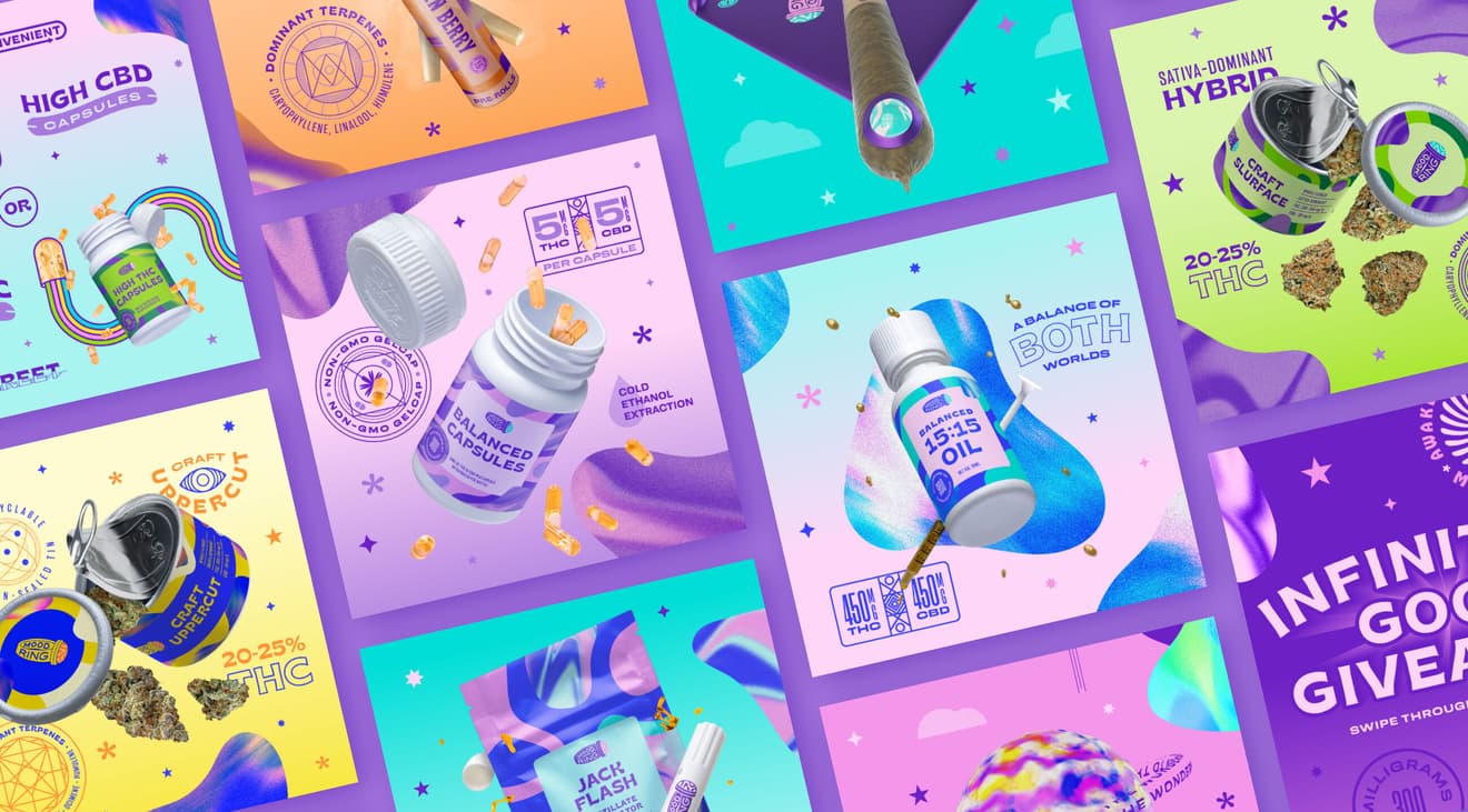 A grid of various Instagram posts for Mood Ring on a light purple background.