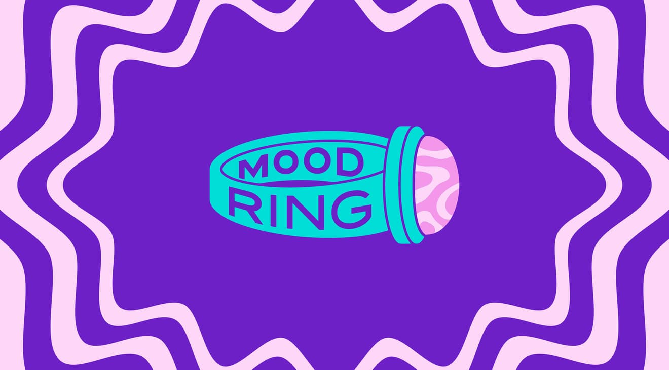 A teal and pink Mood Ring logo on a purple background with pink radiating lines around it.