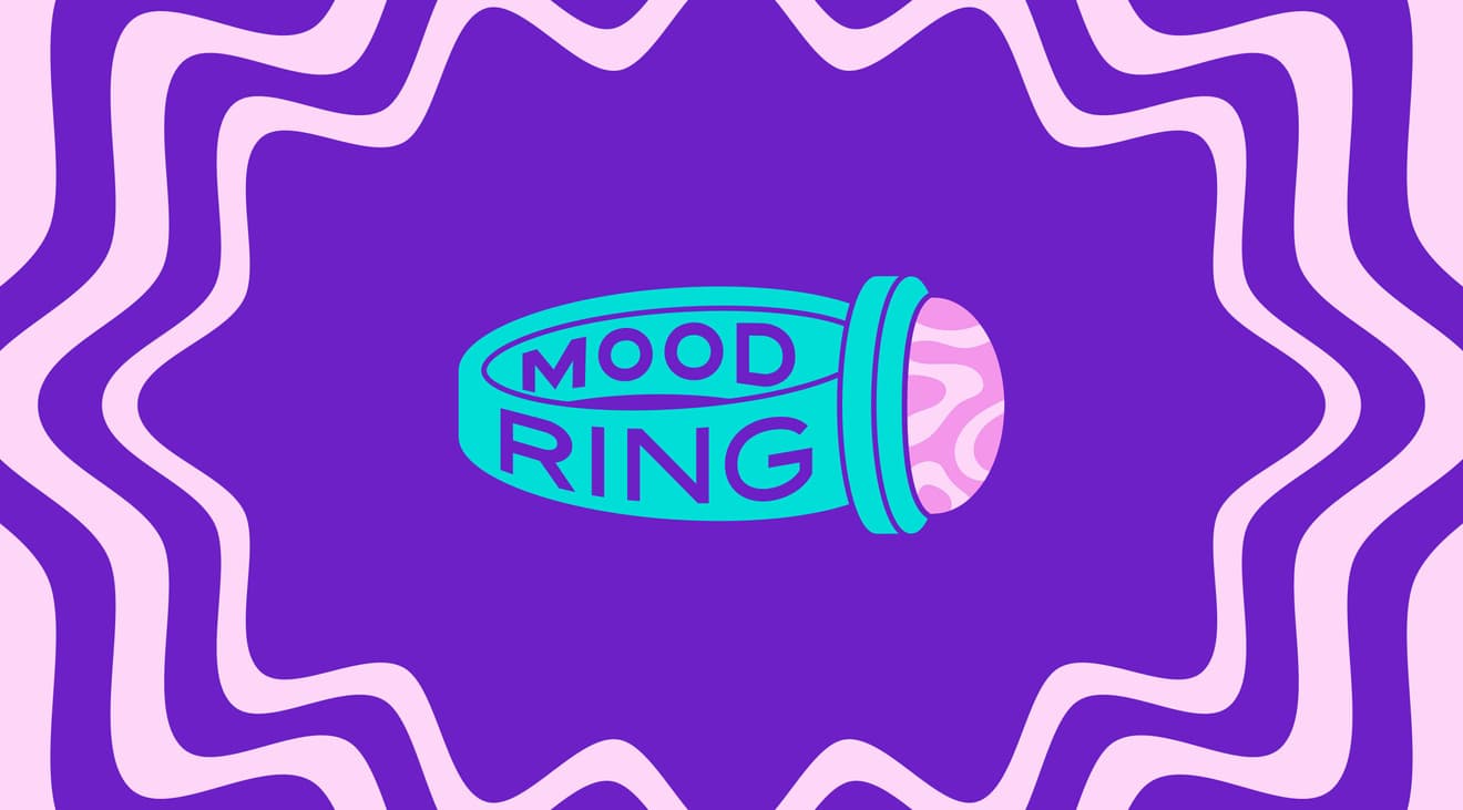 A teal and pink Mood Ring logo on a purple background with pink radiating lines around it.