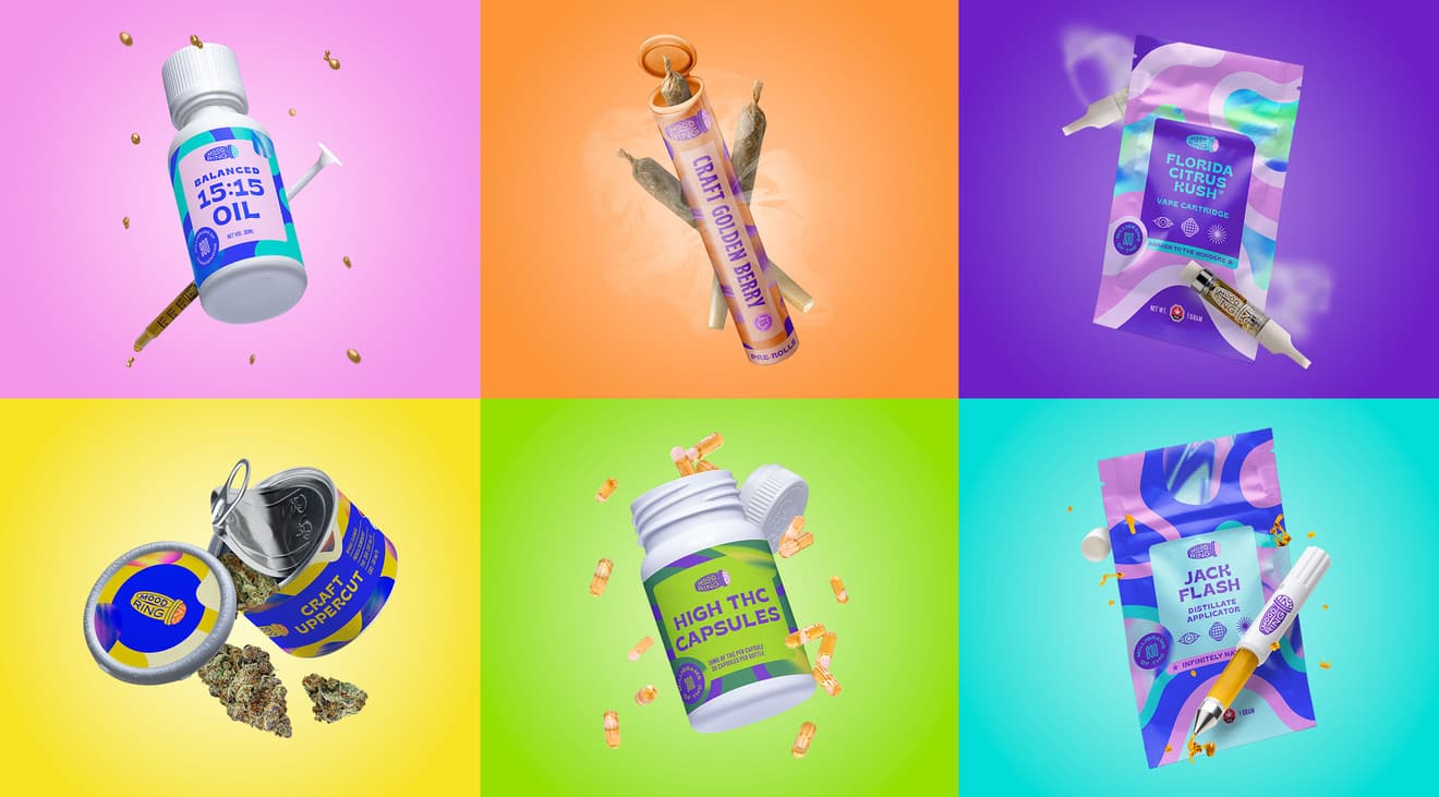 A grid of six different floating products on colorful backgrounds.