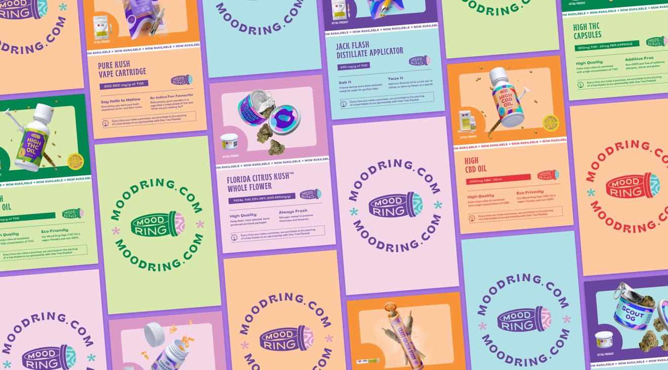 A grid of colorful sales materials on a light purple background.