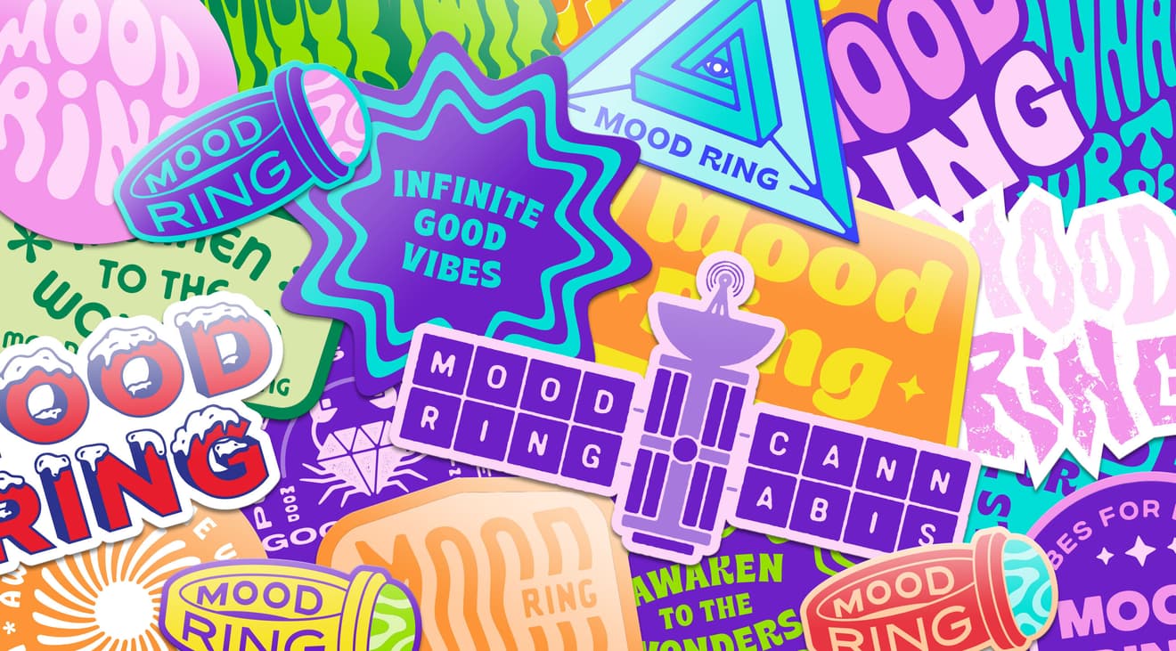 A collage of colorful stickers with different slogans for Mood Ring.