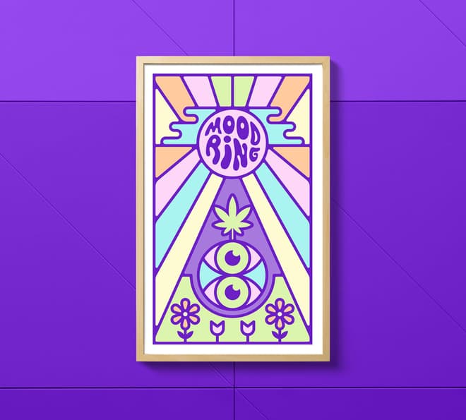 A colorful black light poster in a wooden frame on a purple background.