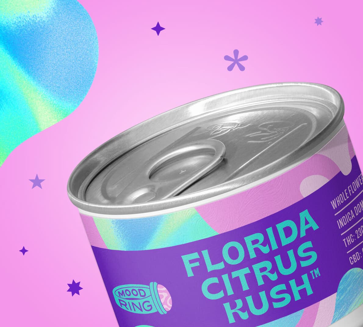 A close-up of a 'Flordia Citrus Kush Whole Flower' tuna can on a pink background.