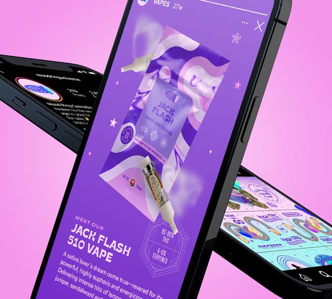 Two floating phones on a pink background with the Mood Ring Instagram profile on one and a 'Jack Flash Vape' Instagram story on the other.