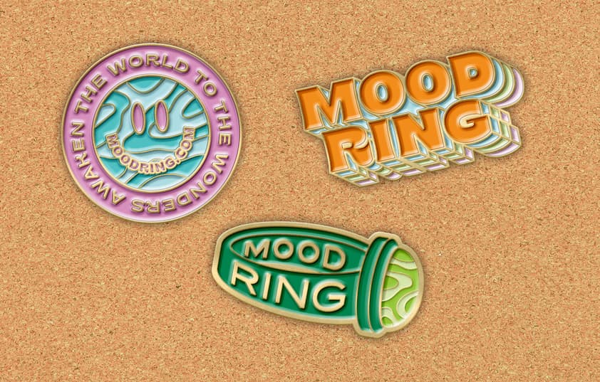 A close-up of three different enamel pins shown on a corkboard.