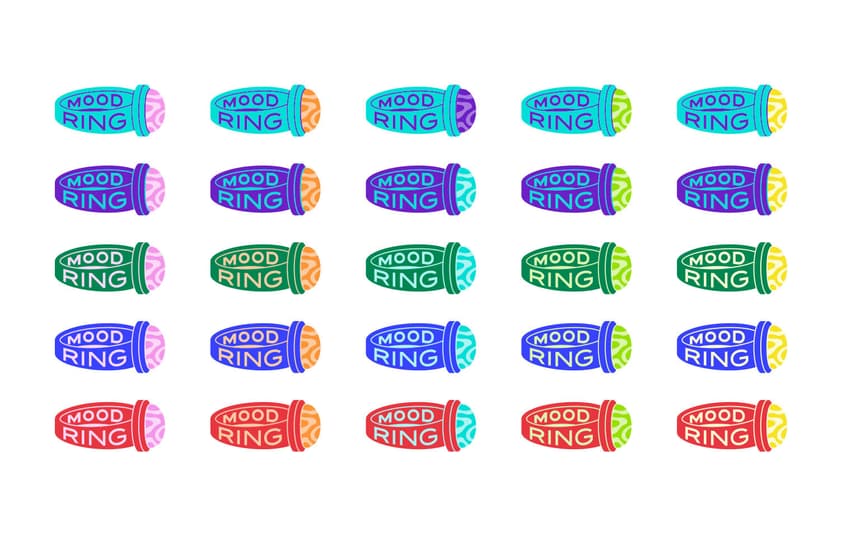 A collection of various Mood Ring logos in different colors.