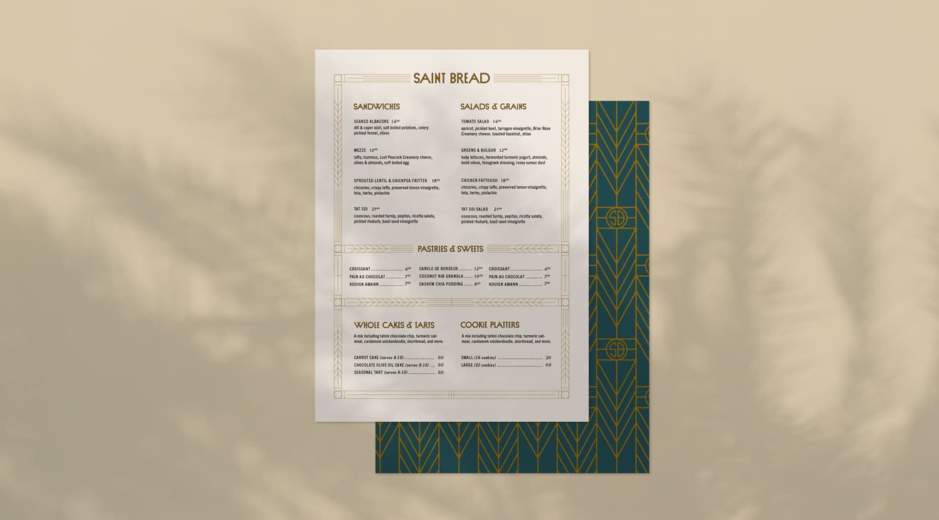 Saint Bread menu on a tan background.