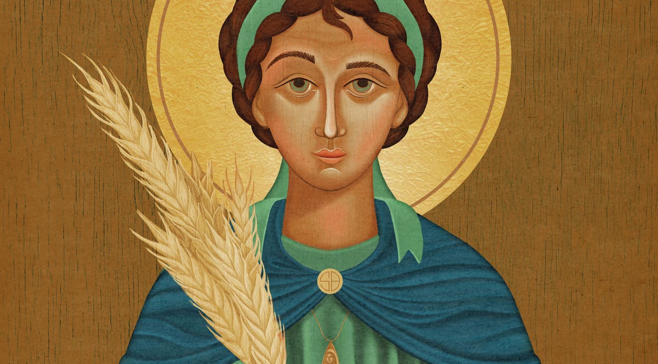 A close-up of the saint illustration.