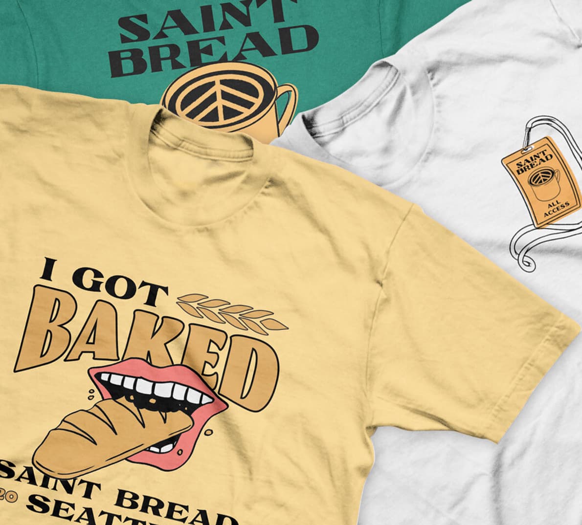 A collage of t-shirts with different Saint Bread designs on them.