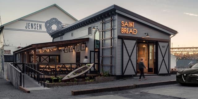 Exterior shot of Saint Bread during sunset.