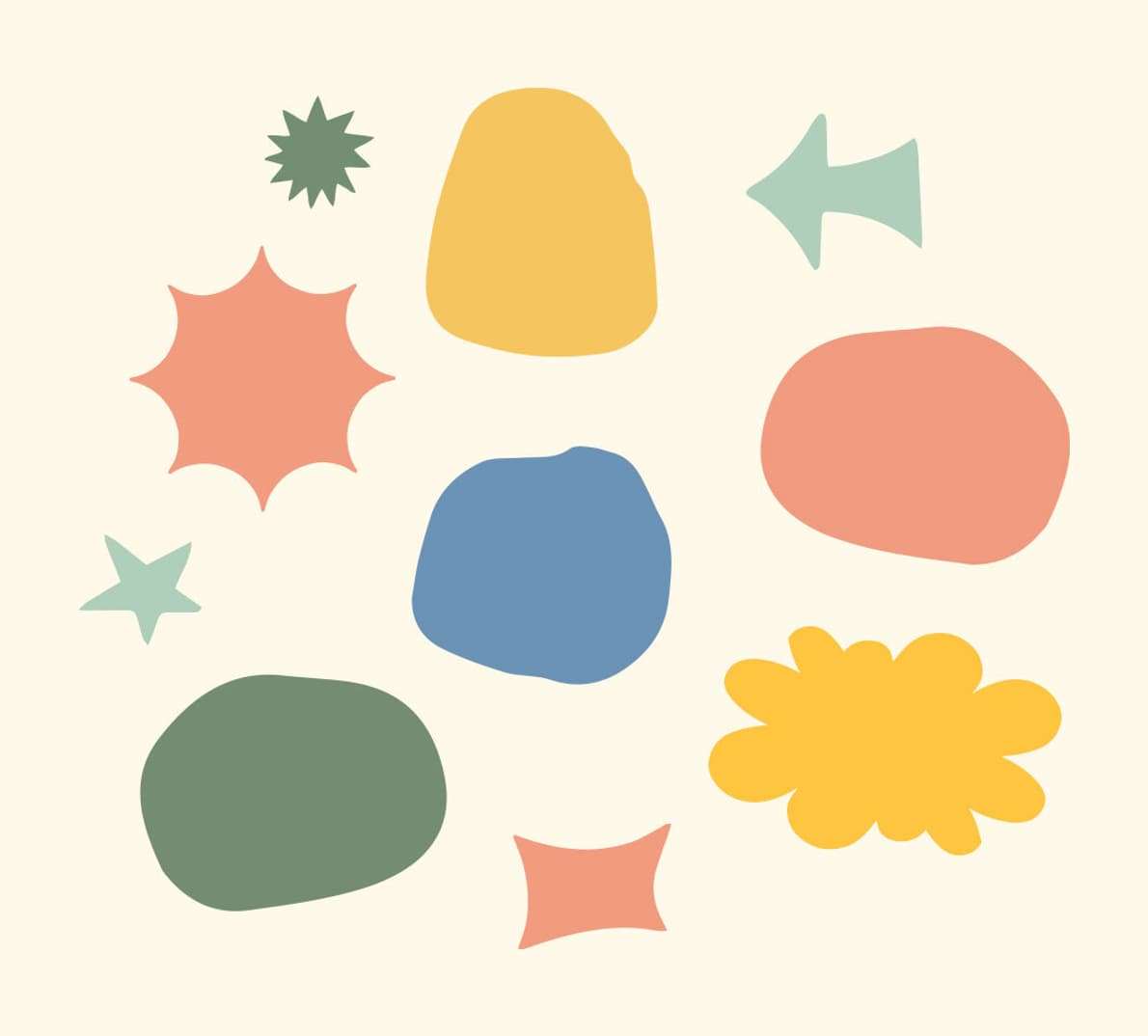 Miscellaneous colored illustration shapes are grouped together.