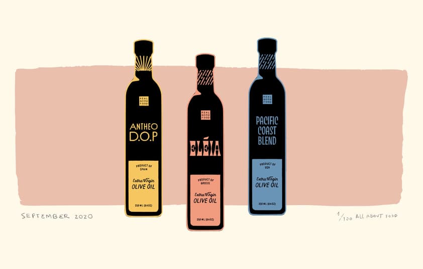 An illustration of 3 olive oil bottles next to each other. 