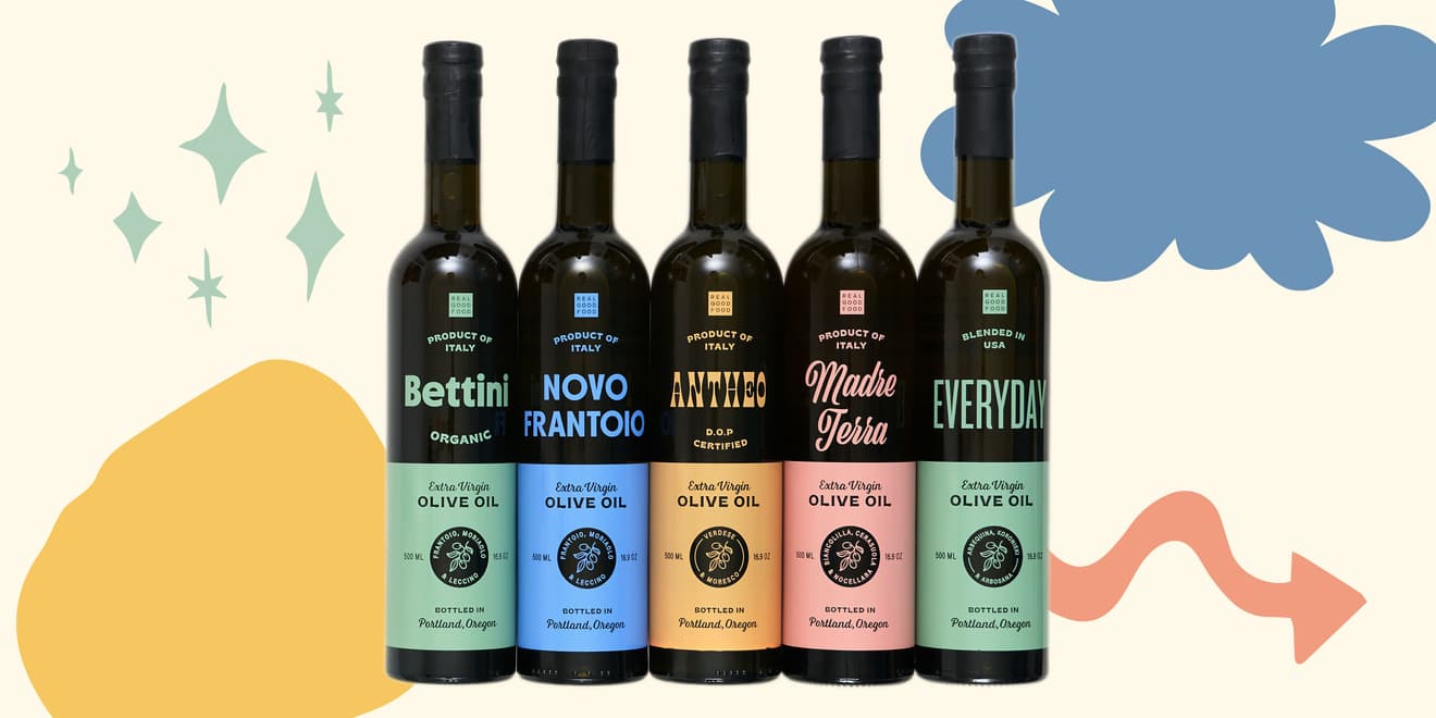 Five olive oil bottles stacked next to each other with various illustration shown in the background.