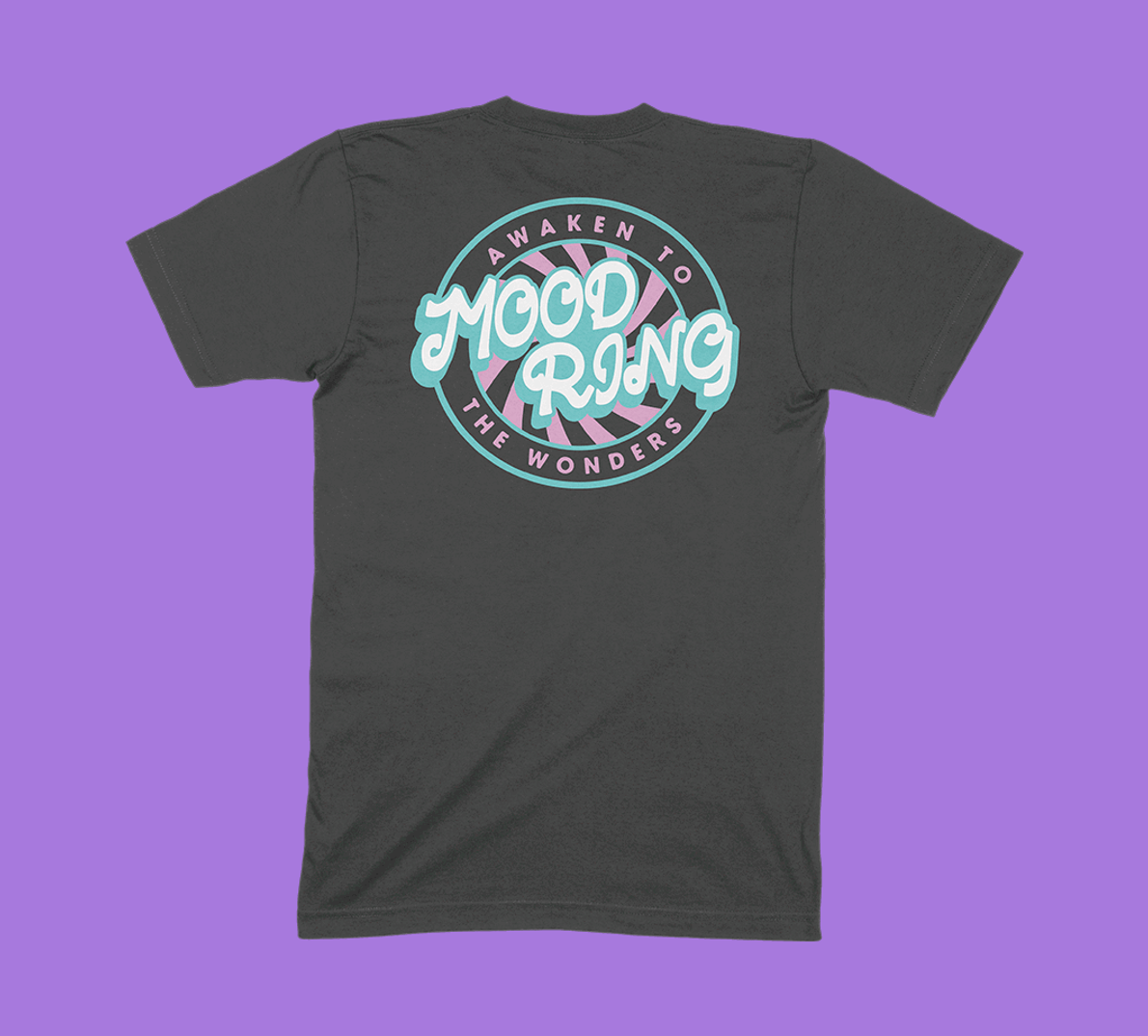 An assortment of Mood Ring shirts on a purple background.