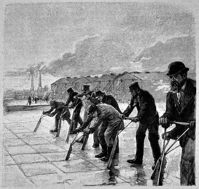Workers cut ice blocks with saws 1896