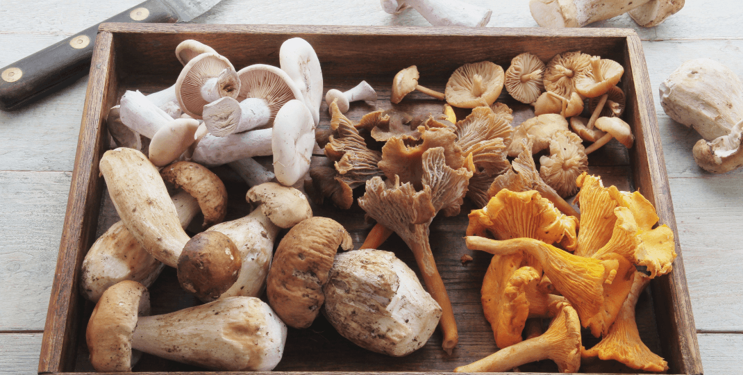 a chopping board full of mushrooms