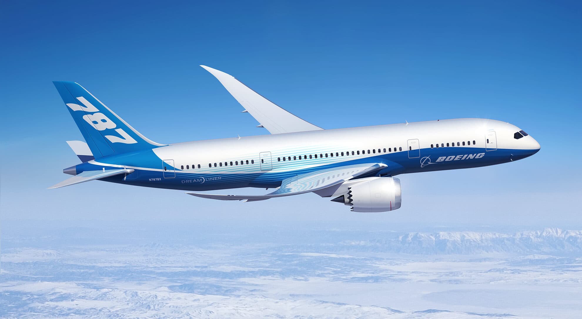 Boeing 787 flying through the sky with Boeing branded livery